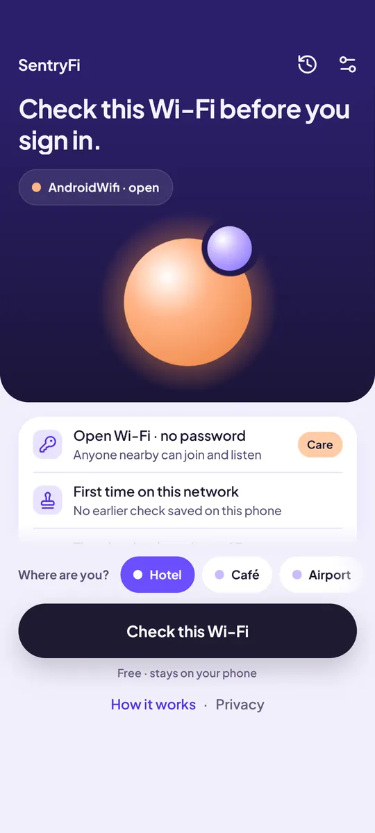 SentryFi App-Bildschirm 1