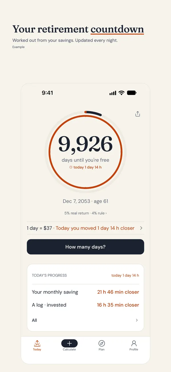 Untilfree Today screen: a countdown ring showing 9,926 days until you are free, with the date and age below