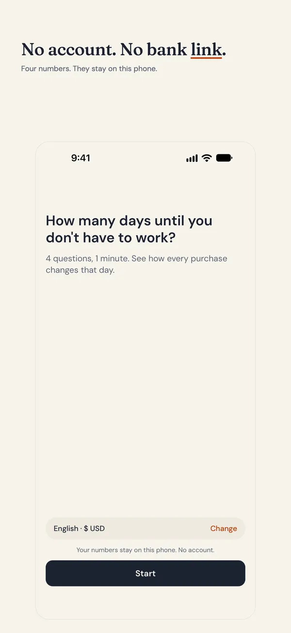 Untilfree welcome screen: how many days until you don’t have to work? Four questions, one minute