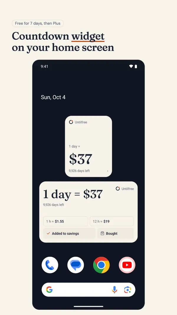 Untilfree countdown widgets on an Android home screen showing days left and what one day is worth
