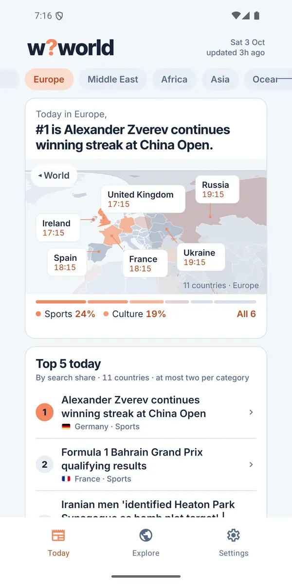 Whyworld Today screen: the top stories in Europe on a map with local times