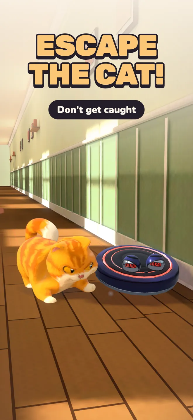 Pantalla del juego: un gato naranja salta sobre Zippy, la aspiradora robot, en un pasillo